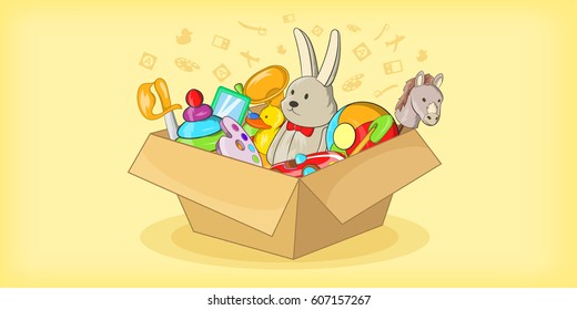 Box with toys horizontal banner concept. Cartoon illustration of box with toys vector horizontal banner for web