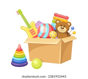 Caja con juguetes para niños. Guitarra, xylofón y osito de peluche. Entretenimiento, diversión y ocio. Elemento gráfico para el sitio web. Ilustración vectorial isométrica de caricatura aislada en fondo blanco