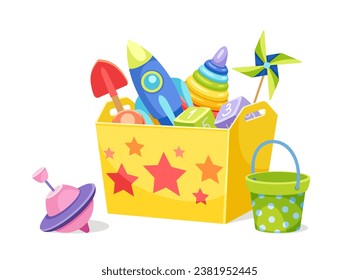 Box with toys for kids. Rocket and colorful pyramid, red shovel. Entertainment, fun and leisure. Template and layout. Cartoon isometric vector illustration isolated on white background