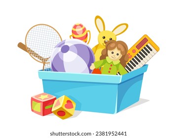 Caja con juguetes para niños. Conejo amarillo caramelo con pelota de goma y raqueta. Entretenimiento, diversión y ocio. Afiche o pancarta. Ilustración vectorial isométrica de caricatura aislada en fondo blanco