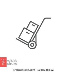 Box Trolley Line Icon, Move Truck Cargo Carrier, Bag Cart Delivery, Flat Luggage Suitcase. Packaging Symbol. Hand Truck With Box Editable Stroke Vector Illustration Design On White Background. EPS 10