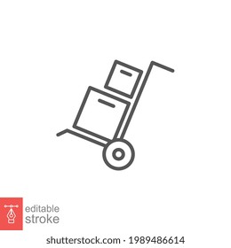 Box trolley line icon, move truck cargo carrier, bag cart delivery, flat luggage suitcase. Packaging Symbol. Hand truck with box editable stroke vector illustration design on white background. EPS 10