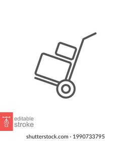Box trolley line icon, move truck cargo carrier, bag cart delivery, flat luggage suitcase. Packaging Symbol. Hand truck with box editable stroke vector illustration design on white background. EPS 10