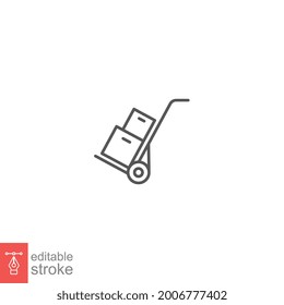 Box Trolley Line Icon, LKW Frachtführer, Gepäcktransport, Gepäckraum Koffer. Verpackungssymbol. Handwagen mit Box bearbeitbarem Hub, Vektorgrafik-Design auf weißem Hintergrund. EPS10