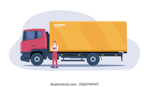 Box truck with delivery man standing next to it. Vector illustration.