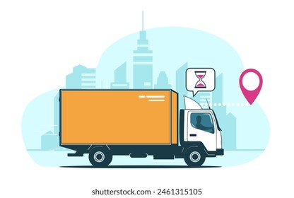 Box truck drives quickly to its destination on the background of an abstract cityscape. Vector illustration.