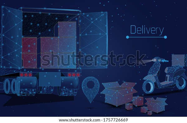 Box truck and isolated and scooter on dark blue\
background. Low poly wireframe vector illustration. Delivery and\
transportation logistics storage warehouse industry business\
commercial concept.