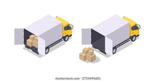 Box truck in isometric view isolated. A set of an empty van and a van loaded with boxes. Vector illustration.