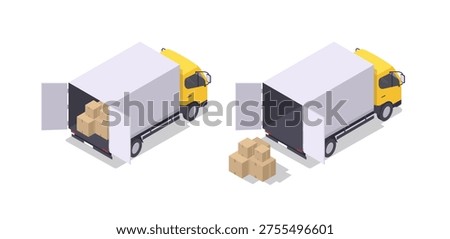 Box truck in isometric view isolated. A set of an empty van and a van loaded with boxes. Vector illustration.