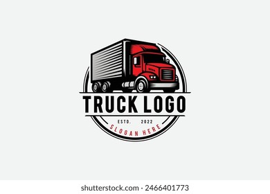 logo de camión de caja, estilo emblema de insignia, moderno camión y logotipo de transporte