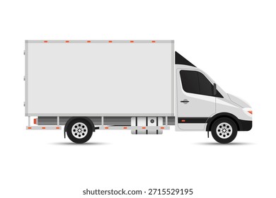 Vista lateral del camión de caja con espacio para texto o su diseño de marca: Plantilla de Vector editable. Camión de entrega blanco realista o maqueta en blanco de Van