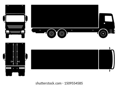 Box truck silhouette on white background. Vehicle icons set view from side, front, back, and top