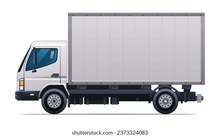 Ilustración vectorial de camión de caja. Vista lateral del camión de reparto de carga aislada en fondo blanco