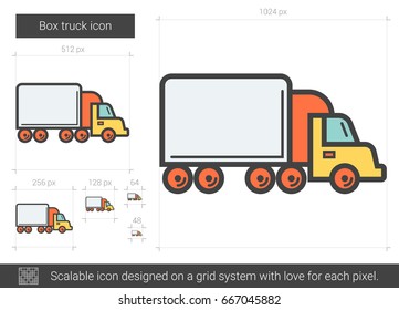 Box truck vector line icon isolated on white background. Box truck line icon for infographic, website or app. Scalable icon designed on a grid system.