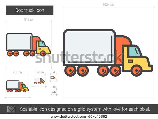 Box truck vector line icon isolated on white\
background. Box truck line icon for infographic, website or app.\
Scalable icon designed on a grid\
system.