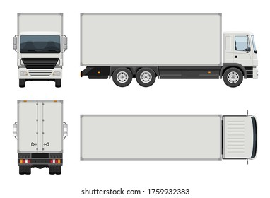 Box truck vector template with simple colors without gradients and effects. View from side, front, back, and top