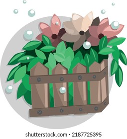 A box of tulips. Beautiful flowers grow inside a wooden box. Flat vector illustration.