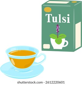 Box of tulsi tea and a cup of tea
