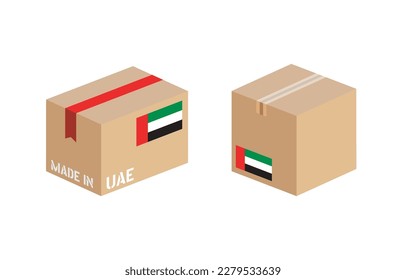 caja con conjunto de iconos de la bandera de los Emiratos Árabes Unidos, paquete de entrega de cartón hecho en los Emiratos Árabes Unidos