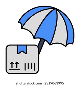 Box under umbrella, icon of parcel insurance