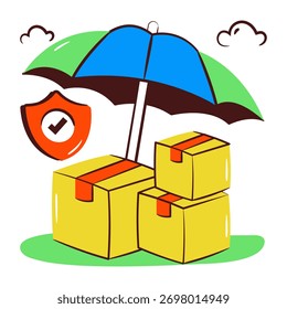 Box under umbrella, icon of parcel insurance