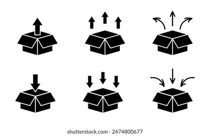 Box unpacking icon set. Take out or in from the box symbol. Open package vector illustration isolated. Black box unpacking sign.