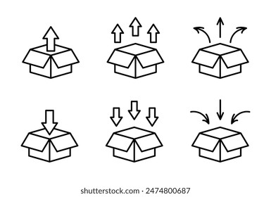 Conjunto de iconos de desembalaje de caja. Sacar o entrar del símbolo de la caja. Ilustración vectorial de paquete abierto aislada. Signo de desempaquetado de cuadro de esquema.