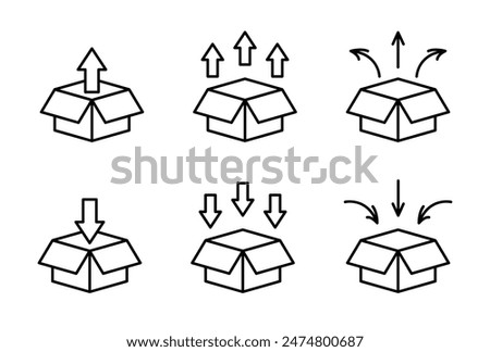 Box unpacking icon set. Take out or in from the box symbol. Open package vector illustration isolated. Outline box unpacking sign.