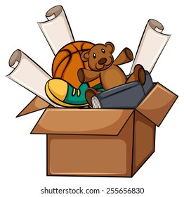 Caja de cosas no utilizadas sobre un fondo blanco