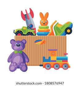 Box with Various Colorful Toys, Paper Container with Train, Teddy Bear, Truck, Pyramid Flat Vector Illustration