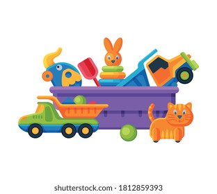 Box with Various Colorful Toys, Plastic Container with Pyramid, Cat and Elephant on Wheels, Truck, Shovel, Ball, Flat Vector Illustration