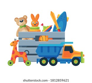 Box with Various Colorful Toys, Plastic Container with Truck, Teddy Bear, Scateboard, Pyramid, Giraffe on Wheels Flat Vector Illustration