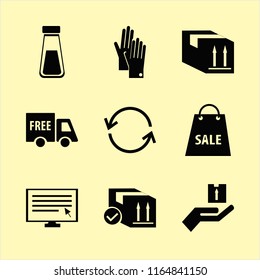 box vector icons set. with computer cursor, free delivery, parcel box and salt shaker in set