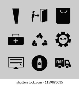 box vector icons set. with cream tube, recycle sign, courier gives parcel and computer cursor in set