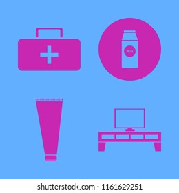 box vector icons set. with first aid bag, pack milk, cream tube and tv table in set