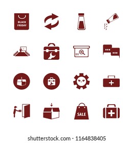 box vector icons set. with gear sprout, shopping bag, recycle sign and first aid bag in set