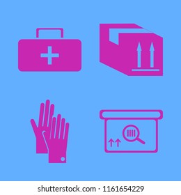 box vector icons set. with gloves, parcel box, square barcode box and first aid bag in set