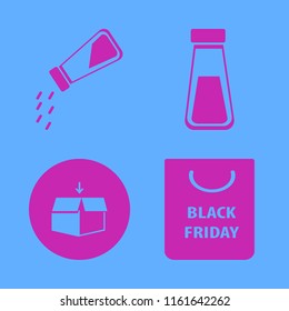 box vector icons set. with open box, salt shaker and shopping bag in set