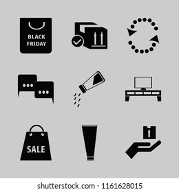 box vector icons set. with parcel box, salt shaker, tv table and hand parcel in set