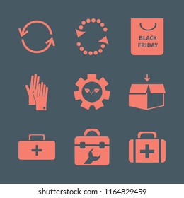 box vector icons set. with shopping bag, recycle sign, gloves and first aid bag in set