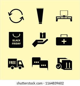 box vector icons set. with tv table, cream tube, free delivery and speech clouds in set