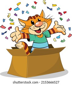Cat appears from the Box.
A vector illustration of a cartoon striped red cat jumps out of a big box.