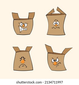Box vector set. Brown Boxes  emoticon, sad and thinking face collection isolated in yellow background for graphic design elements