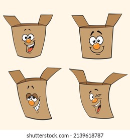 Box vector set. Brown Boxes emoticon, sad and thinking face collection isolated in yellow background for graphic design elements
