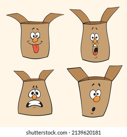 Box vector set. Brown Boxes emoticon, sad and thinking face collection isolated in yellow background for graphic design elements