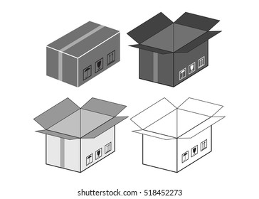 Box vector set. Global packages delivery and parcels transportation concept, stack of cardboard boxes isolated on white background