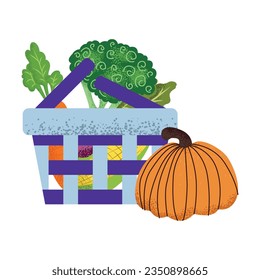 Box with vegetabales. Farmer gathering vegetable harvest set. Garden agriculture horticulture autumn crop collection. Harvesting agrarian. Vector illustration isolated on background