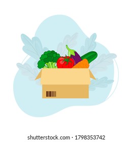 Una caja de verduras: brócoli, tomates, berenjenas, pepino y zanahorias. Afiche plano y colorido. Ilustración vectorial de material.