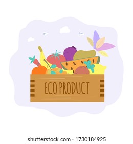 Box with vegetables and fruits. Fruits of fields, gardens, harvesting, environmentally friendly products. Colorful vector illustration.