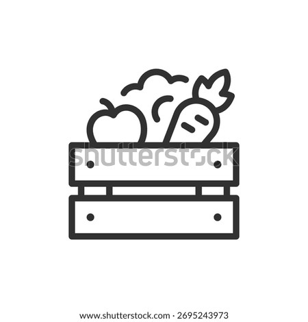 Box of vegetables, linear icon. Fresh produce and organic farming concept. Line with editable stroke.